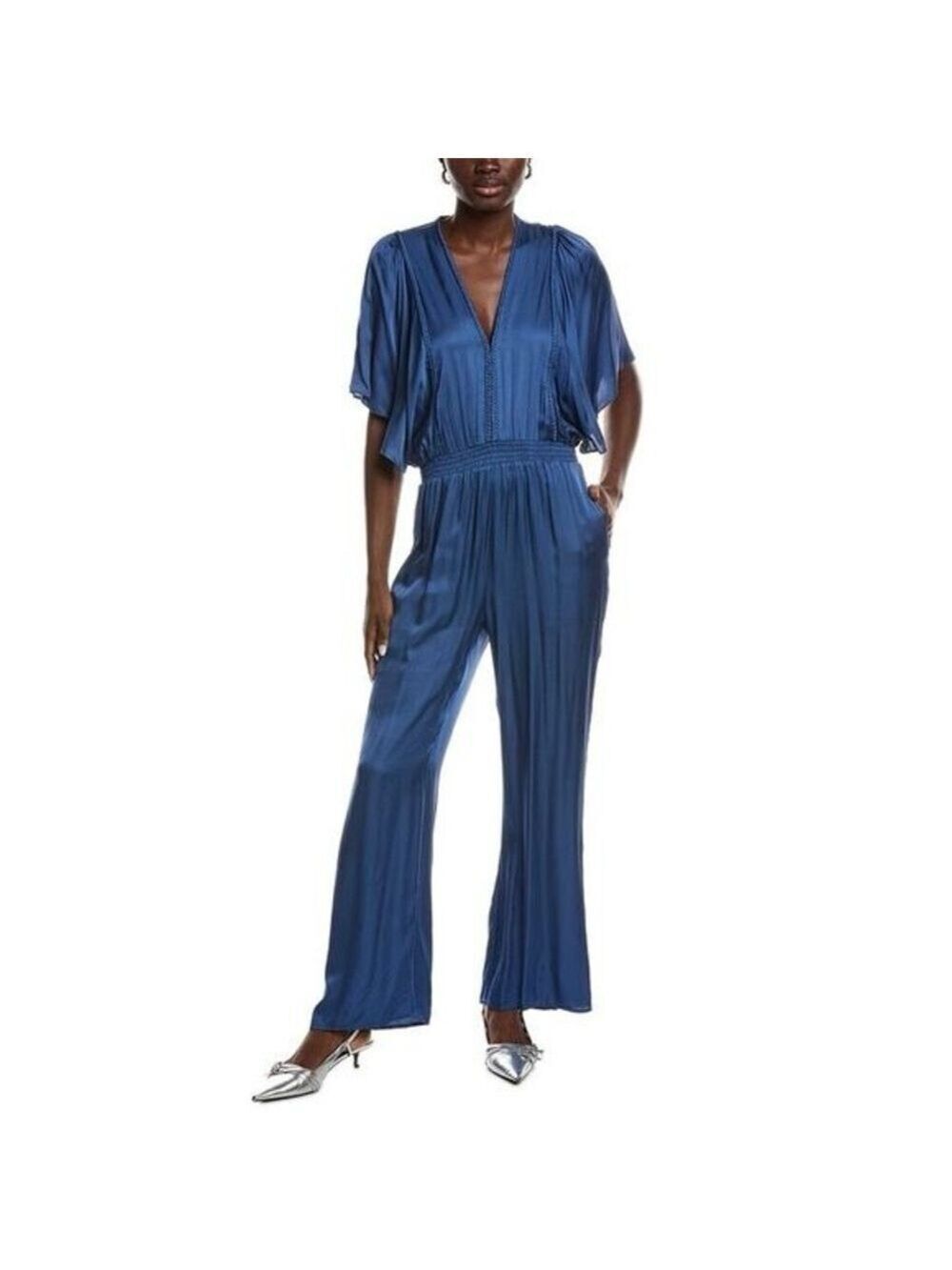 NWT Maje Wide-Leg Satin Jumpsuit in Marine Blue. Size 34 US XS